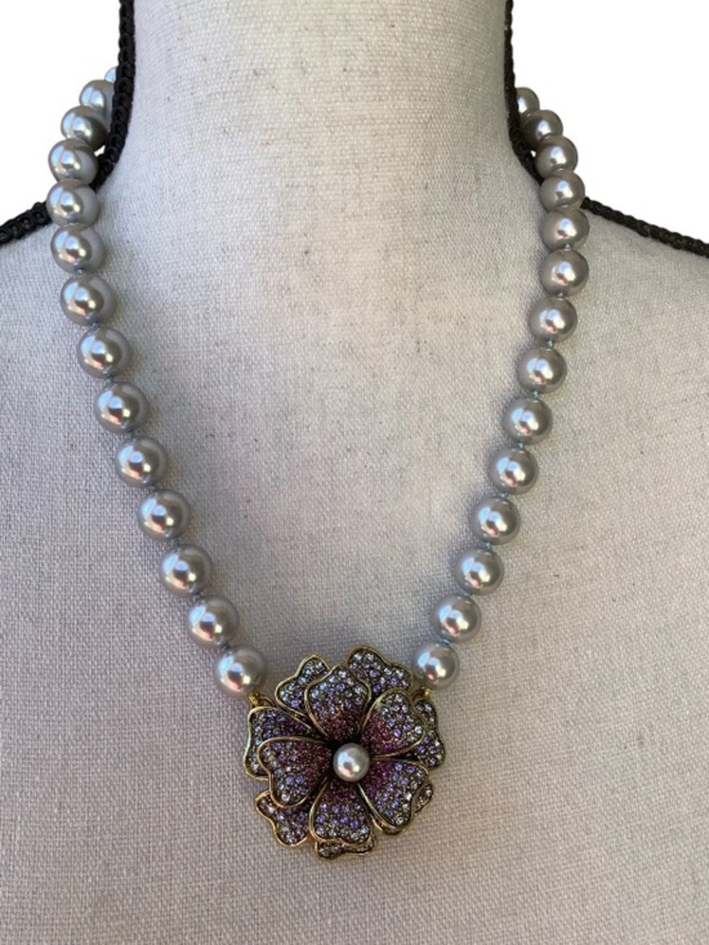 Heidi Daus Faux Pearl Necklace with Purple Swarovski Crystal Flower Pendant